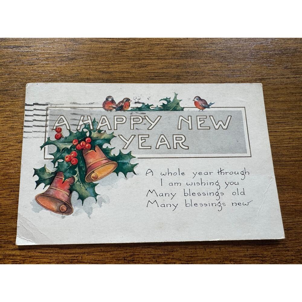 Vintage 1926 Happy New Year Postcard Buffalo NY Bells Holly 2¢ Stamp